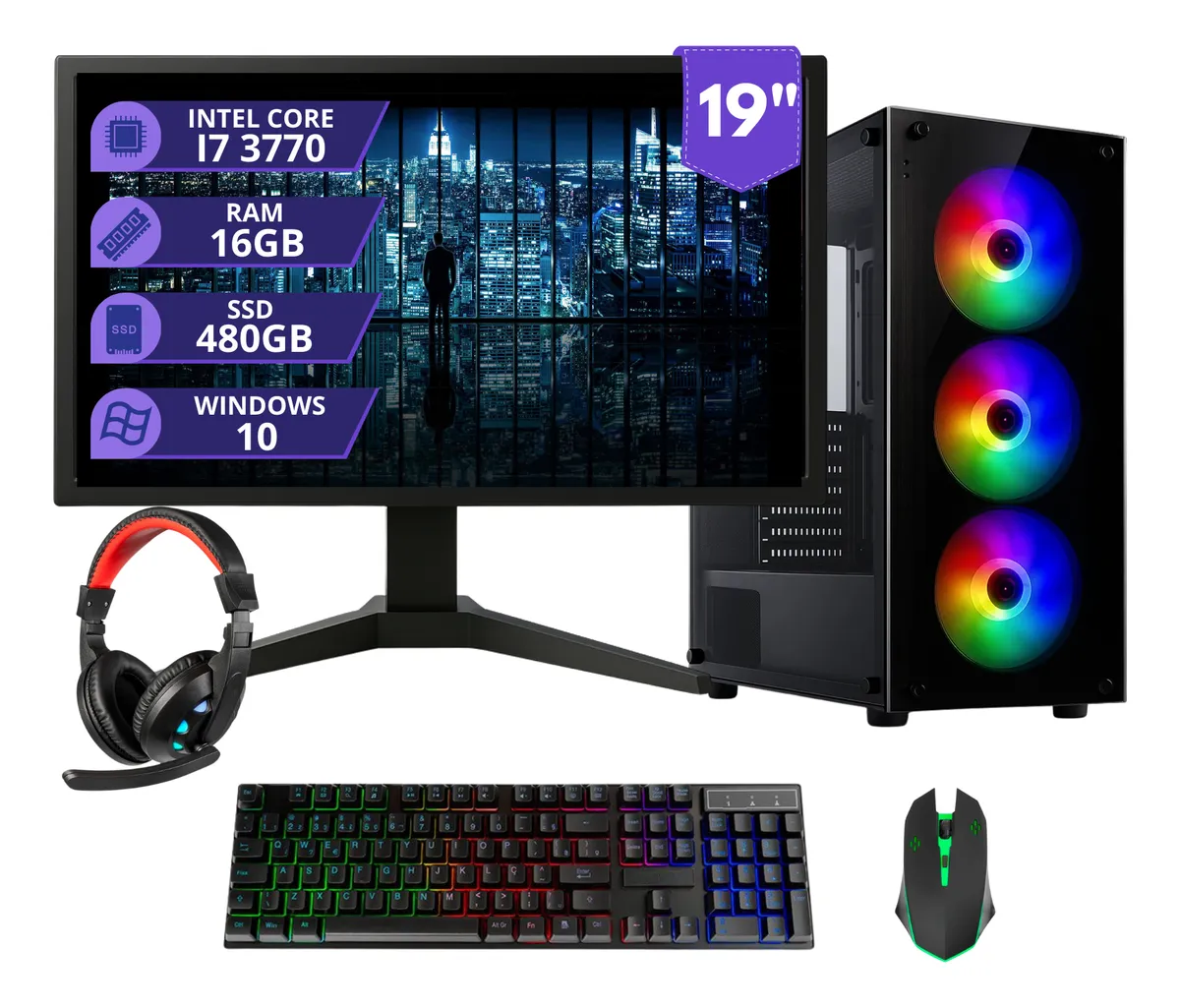 Pc Gamer Completo preto com monitor, torre RGB, teclado, mouse e fone de ouvido.