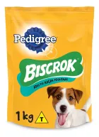 Embalagem amarela de Pedigree Biscrok com cachorro branco e marrom, logo verde e 1kg