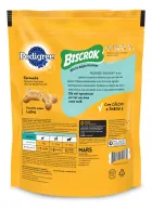 Verso da embalagem amarela Pedigree Biscrok com biscoitos de leite para cães