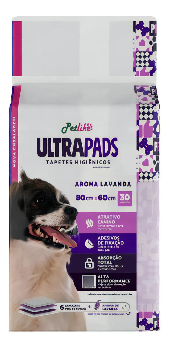 Embalagem branca e roxa de Petlike Ultra Pads lavanda com cachorro sorrindo