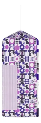 Pacote de tapete higiênico para cães roxo e branco com padrões de cães e almofada lavanda visível.