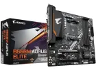Placa Mãe B550M Aorus Elite preta e sua caixa preta com detalhes dourados.