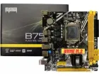 Placa mãe B75 preta com slots amarelos, NVMe M.2 e caixa Revenger.