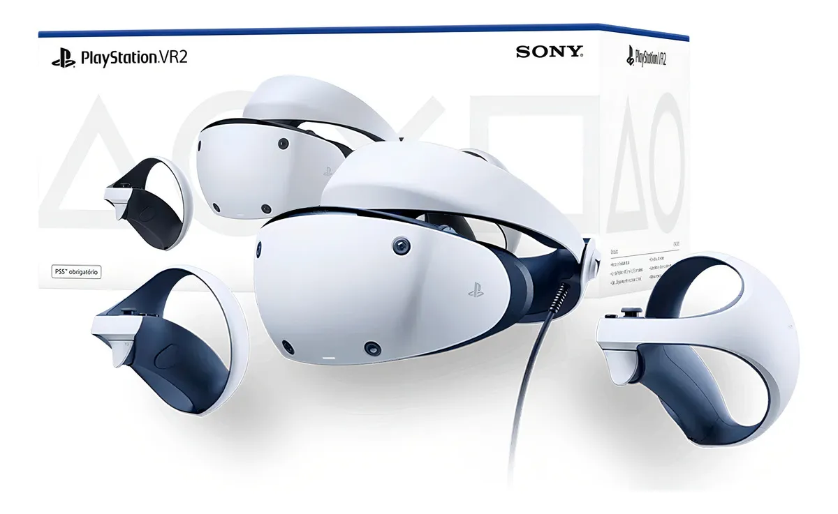 Dois headsets Playstation VR2 brancos, quatro controles e caixa.