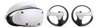 Headset Playstation VR2 branco e dois controles circulares pretos e brancos