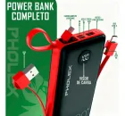 Power Bank Pholex preto e vermelho com cabos integrados e visor digital.