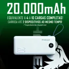 Power Bank Pholex branco retangular com logo, display digital e alça azul