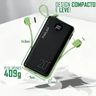 Power Bank Pholex preto com display digital, cabos verdes e logo.