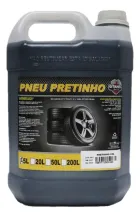 Galão cinza escuro de Pretinho para Pneus com rótulo preto e amarelo mostrando pneus.