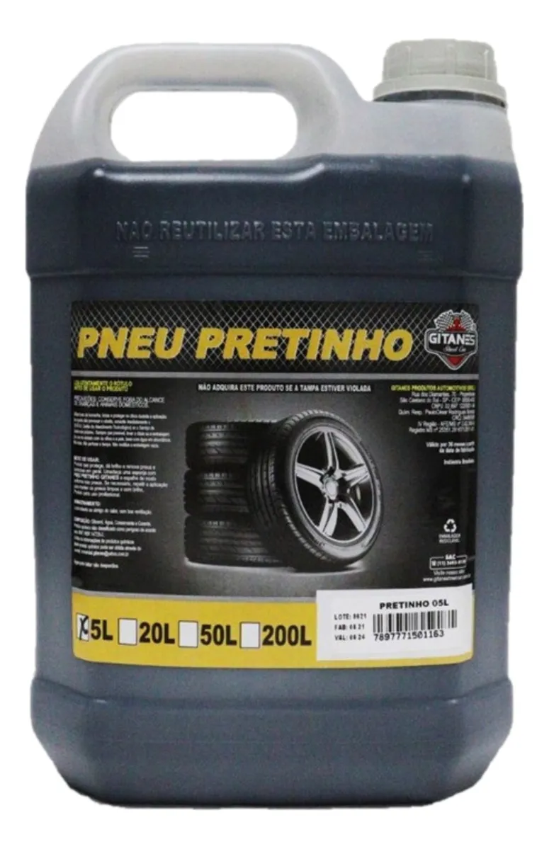 Galão cinza escuro de Pretinho para Pneus com rótulo preto e amarelo mostrando pneus.