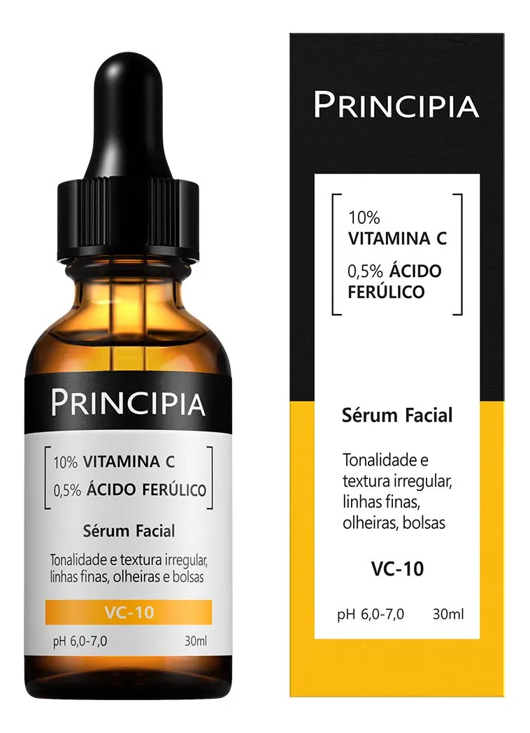 Frasco conta-gotas marrom e caixa preta do Principia Sérum Vitamina C-10