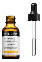 Frasco marrom de Principia Sérum Vitamina C e conta-gotas preto com líquido claro.