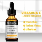 Frasco conta-gotas marrom Principia Sérum Vitamina C com tampa preta.
