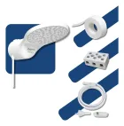 Ducha Eletrônica Zagonel branca com acessórios de instalação em fundo azul.