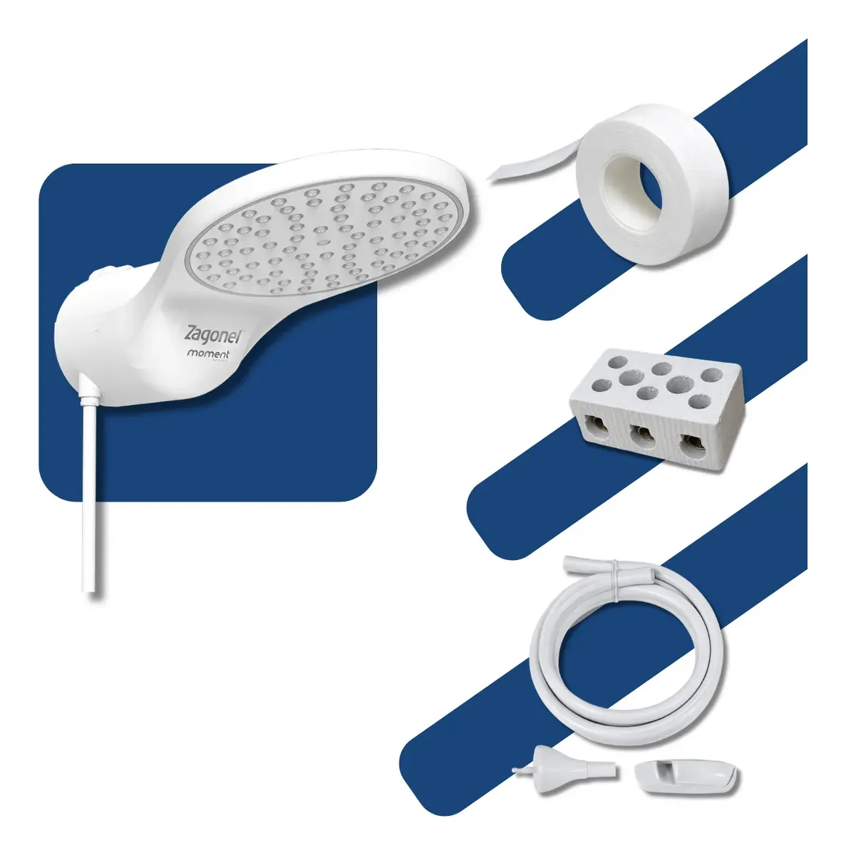 Ducha Eletrônica Zagonel branca com acessórios de instalação em fundo azul.