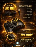 Controle Xbox 360 preto com botões amarelos e cabo USB enrolado.