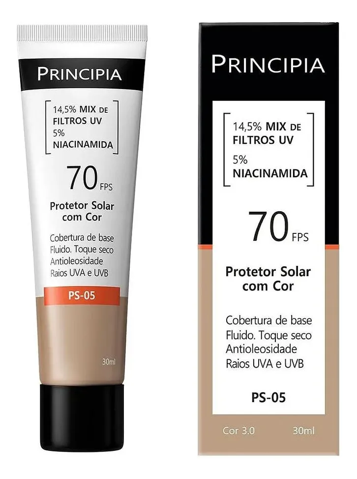 Protetor Solar Principia FPS 70 cor 3.0 em tubo e caixa bege e preta