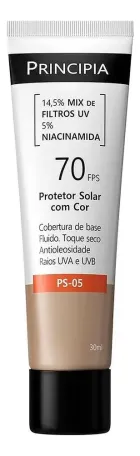 Protetor Solar Principia Niacinamida, tubo branco, bege e preto com detalhe laranja PS-05.