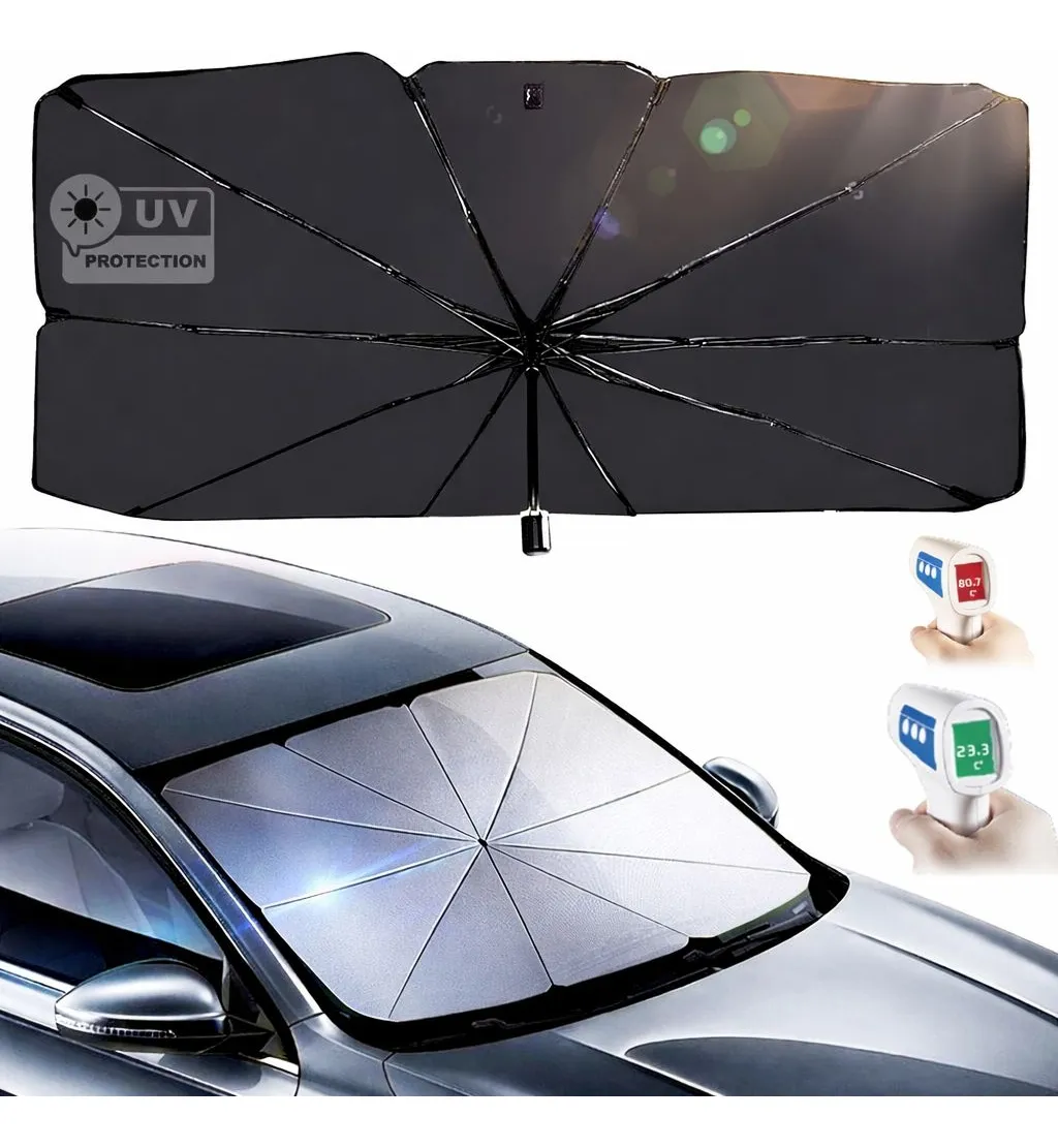 Quebra sol preto aberto e prateado no para-brisa do carro, com termômetros