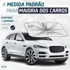 Quebra sol branco dobrável com dimensões e carro SUV branco.