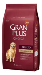 Saco de ração Granplus Choice vinho com cachorro golden retriever na frente