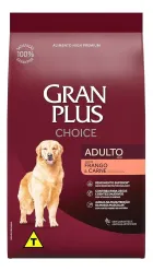 Saco de Ração Granplus Choice vermelho com cachorro golden retriever e texto Frango & Carne.