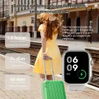 Relógio Smartwatch Bettdow Fb041 branco, mulher de vestido amarelo e mala verde.
