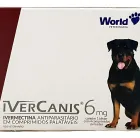 Caixa branca de Ivercanis 6mg com Rottweiler e logo World Veterinária