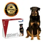 Rottweiler preto e marrom, caixa vermelha Ivercanis 6mg, remédio para carrapato e pulgas.