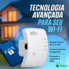 Repetidor Wifi Bahrein branco com porta Ethernet e LEDs, próximo a um celular.