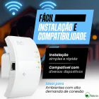 Repetidor Wifi Bahrein branco com LEDs verdes e porta Ethernet, emitindo sinal.