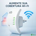 Repetidor de Sinal Wifi Bahrein branco com luzes verdes e plug.