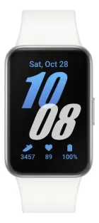 Samsung Galaxy Fit3 branco com tela preta exibindo hora, data e métricas de saúde.