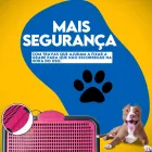 Sanitário canino rosa e preto com travas, cachorro marrom e texto Mais Segurança.