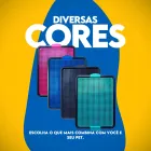 Quatro sanitários caninos retangulares com grade nas cores rosa, azul, preto e verde.