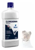 Shampoo Clorexidina World em garrafa branca com tampa azul e cachorro Yorkshire.