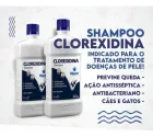 Duas garrafas brancas de Shampoo Clorexidina World com tampas azuis.