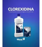 Shampoo Clorexidina em frasco branco e sabonete em caixa branca, fundo azul