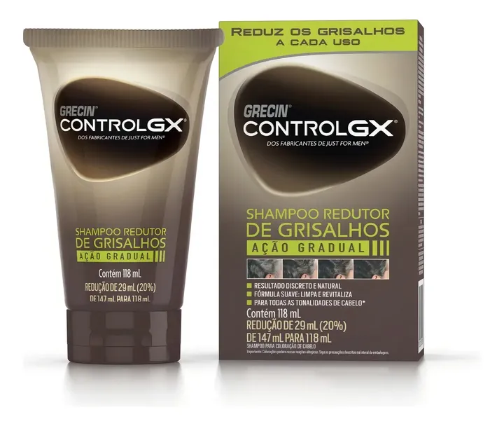 Tubo e caixa marrom-esverdeada do Shampoo Redutor de Grisalhos Grecin Control GX.