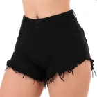 Short jeans feminino preto com cintura alta e barra desfiada.