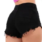 Short jeans feminino preto cintura alta barra desfiada