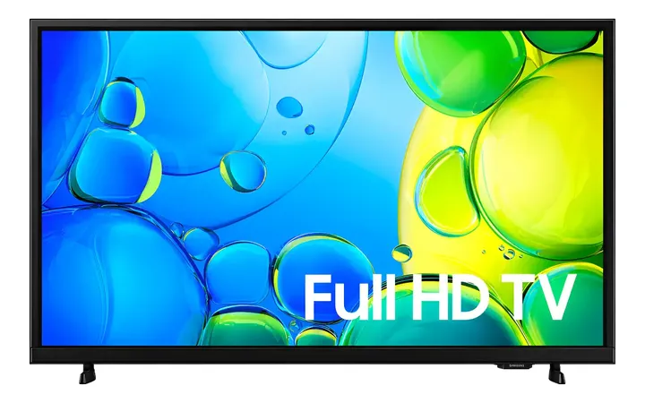 Smart TV Samsung preta com tela exibindo bolhas azuis e amarelas e texto Full HD TV