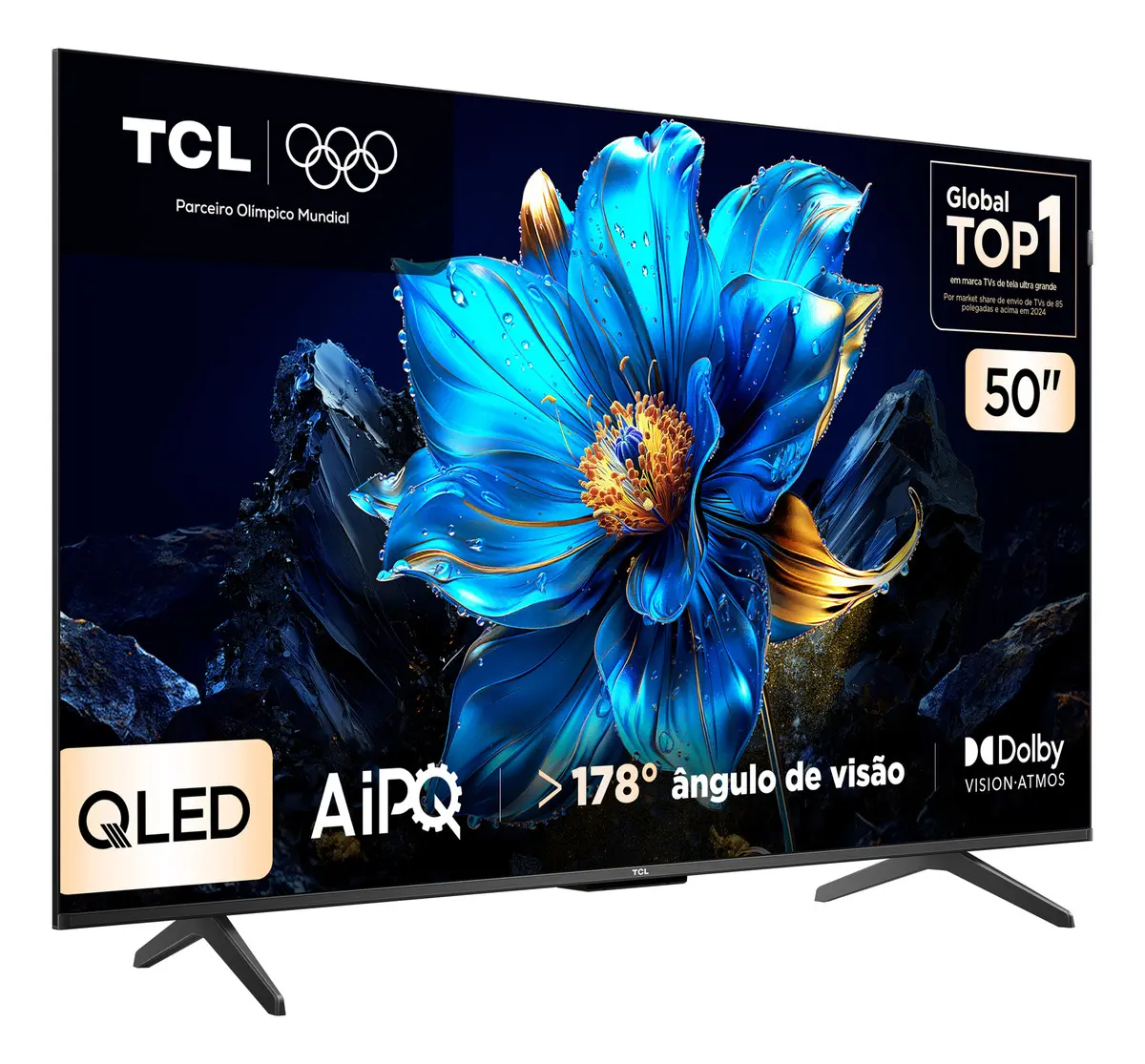 Smart TV TCL 50P7K 50 polegadas QLED 4K com design sem moldura metálico Ultra Slim exibindo Google TV.