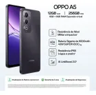 Smartphone Oppo A5 roxo escuro com câmera tripla e tela ligada.