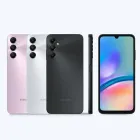 Smartphone Samsung Galaxy A05s rosa, branco e preto, com tela ligada.