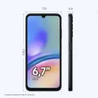 Smartphone Samsung Galaxy A05s preto, tela de 6.7 polegadas e dimensões.