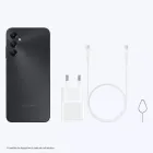 Smartphone Samsung Galaxy A05s preto, carregador branco, cabo USB-C e extrator de chip.