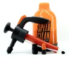 Speed Clean: garrafa laranja, pulverizador preto e tubo vermelho.