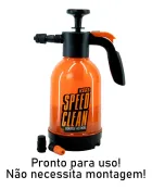 Pulverizador Speed Clean laranja e preto, com bomba manual e bico extra.