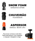 Bicos pretos (um com topo laranja) e pulverizador laranja e preto para o Gerador de Espuma.